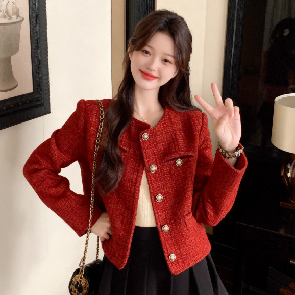 Baju Outer Merah Crop Top Blazer Wanita Premium Long Outer Lengan Panjang Brokat Kondangan Kekinian 