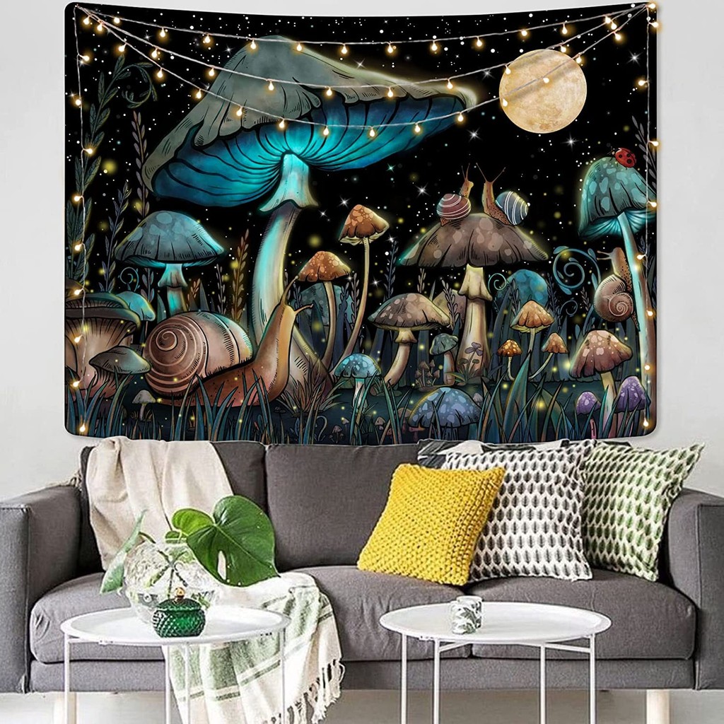 Mushroom Tapestry Anime Tapestry Moon background Snail Cute Tapestry Bedroom Aesthetic Dark Nature T