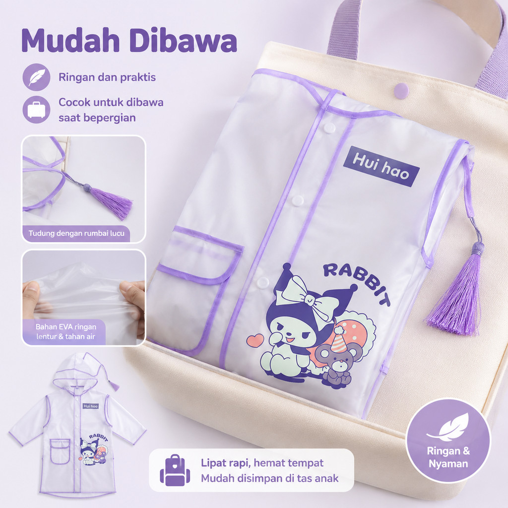 Jas Hujan Anak TK SD EVA Food Grade Anti Bocor Jas Hujan Transparan Hoodie Saku Depan Mudah Dibawa