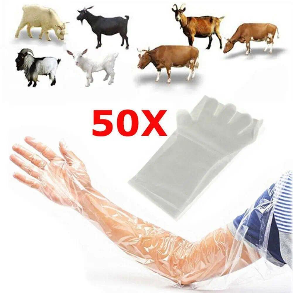50Pcs Plastic Disposable Vet Glove Disposable Clear Long Arm Glove Veterinary Examination Farm Glove