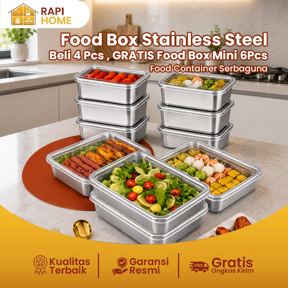 RAPI HOME Food Container Stainless Steel Besar 4PCS + Gratis Container Kecil 6PCS | Wadah Makanan Ku