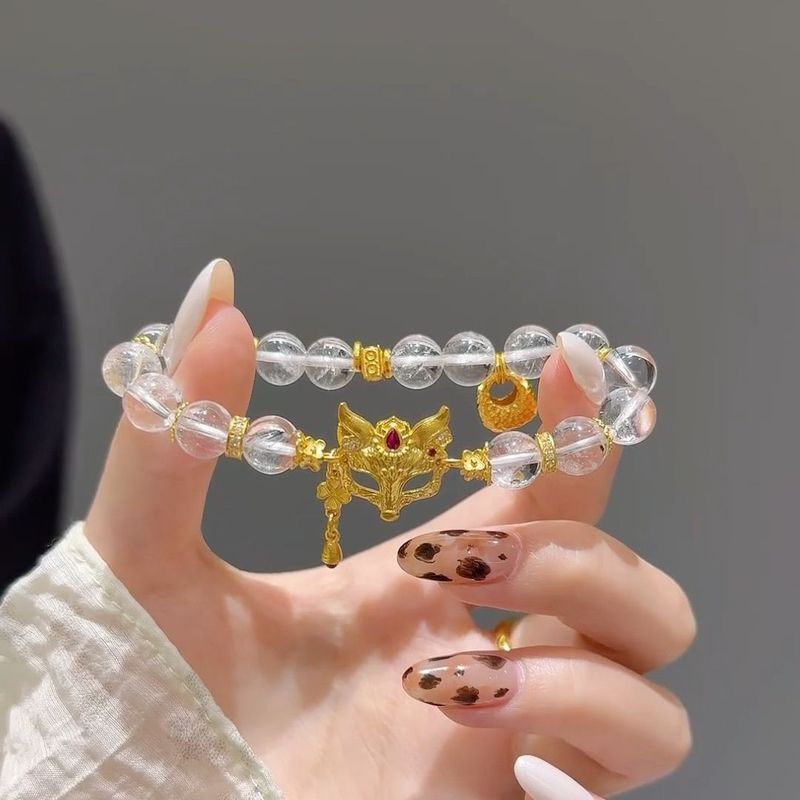 Gelang Kristal Quartz Liontin Topeng Rubah Emas Gaya Cina Retro Mewah Desain Elegan