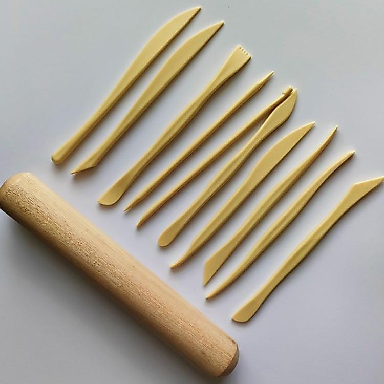 Clay Tool Set / Rolling Pin Kayu 20Cm & Alat Plastik 10Pcs