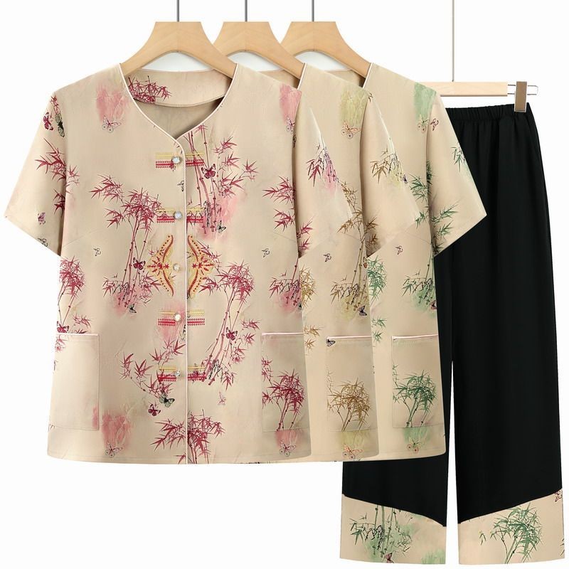 Set baju musim panas lengan pendek gaya nenek Set baju dua potong untuk wanita paruh baya dan lanjut