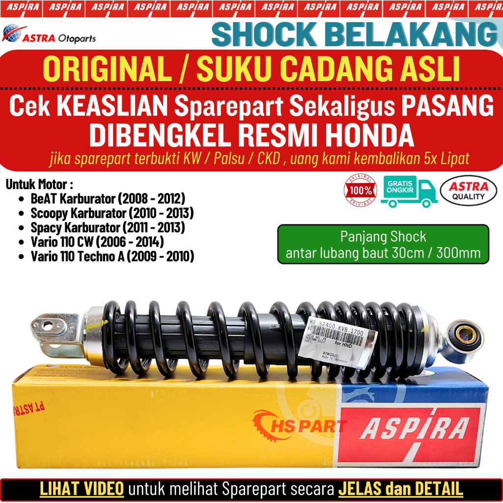 Shockbreaker Shock Belakang Beat Scoopy Spacy Vario 110 Karbu Original Aspira