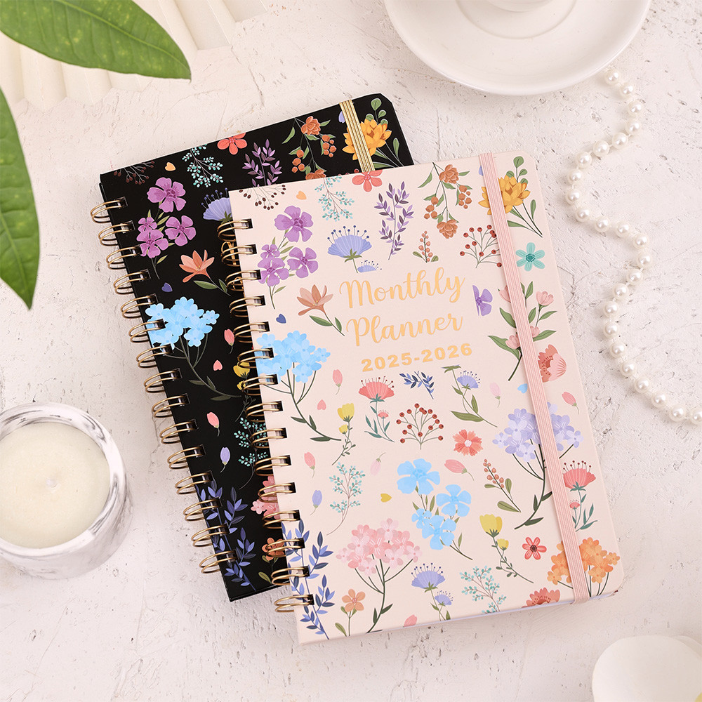 

57 sheets 25-26 2 Years Coil Monthly Planner Floral Cardboard Cover Monthly Calendar Notebook With Tab Stickers Pocket Organizer