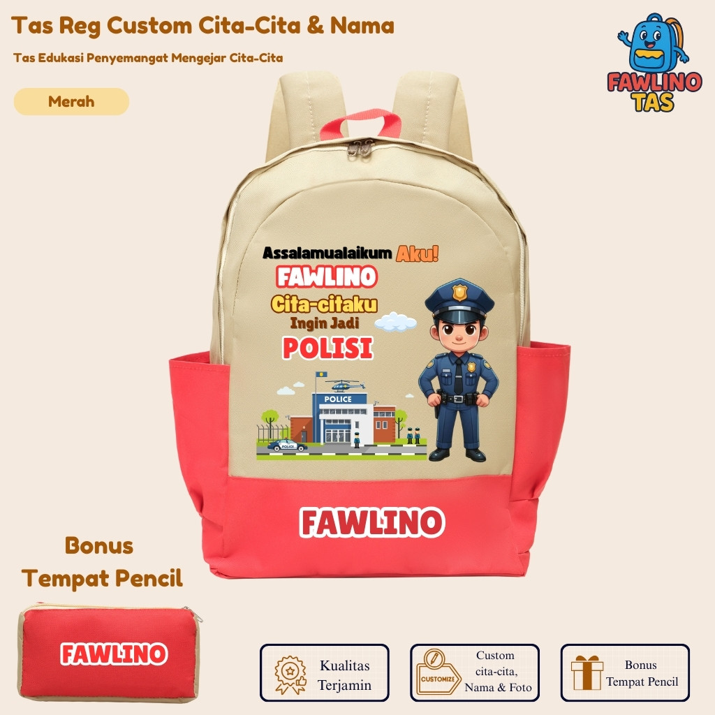 Tas Anak TK SD Laki-Laki Custom Nama & Cita-Cita Polisi | Tas Sekolah Profesi Impian | Ransel Edukat