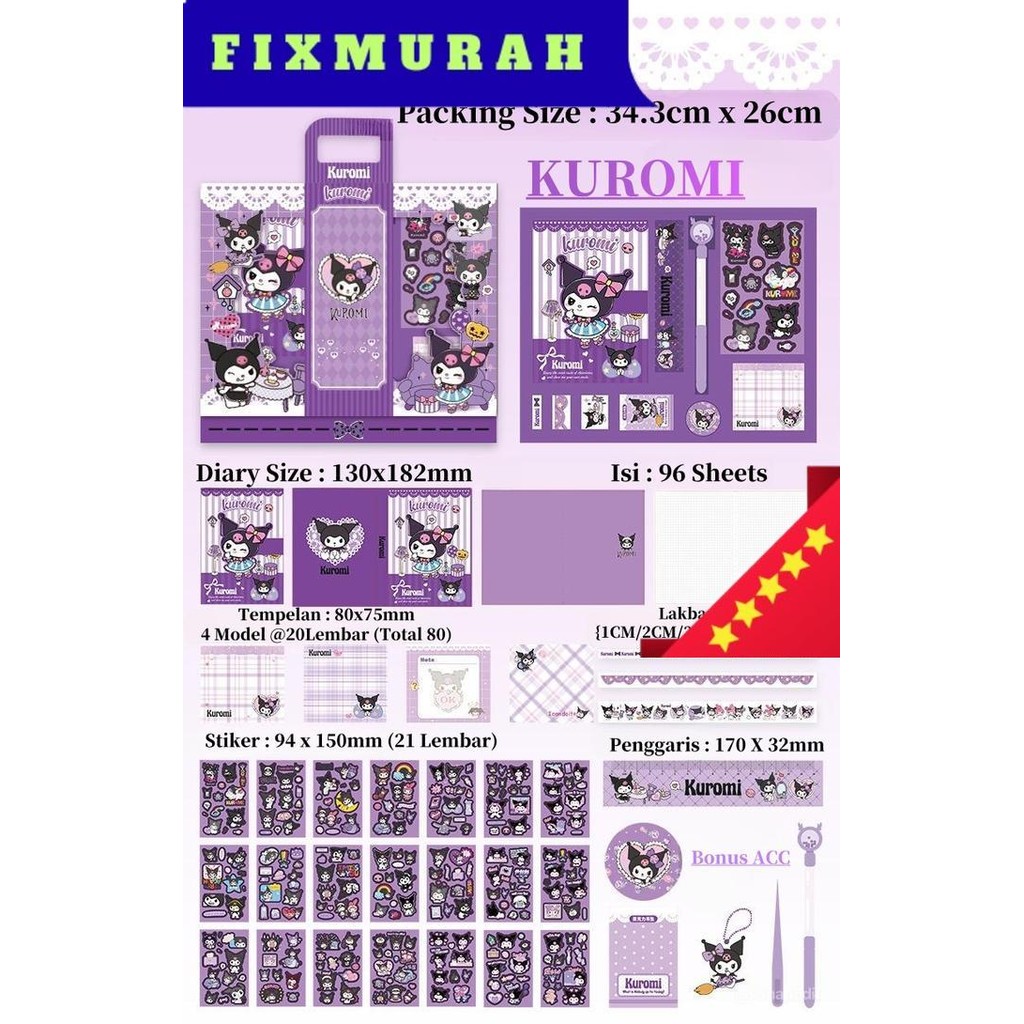 

SANRIO LUXURY NOTEBOOK FULLSET 9 IN 1 GIFT BOX /DIARY GIFT BOX KUROMI & MELODY /NOTEBOOK KUROMI SET - KUROMI