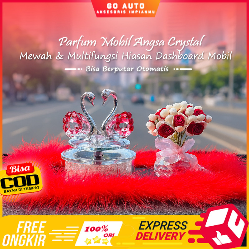 [ NEW SET LENGKAP ] Pajangan & Parfum Mobil Eksklusif Angsa Putar Mutiara Bunga Kristal Mawar