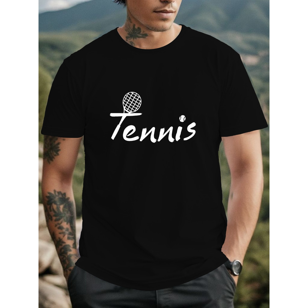 Kaos Pria Motif Tenis - Hitam dengan Sablon Bola Tenis Putih - Kaos Olahraga Adem, Cocok untuk Tenis