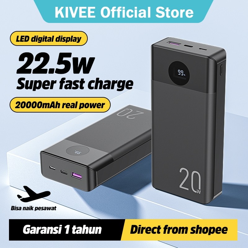 (HOT)KIVEE Powerbank 20000 mAh Real Fast charging 22.5W PD+OC 3.0 2 input 2 output LED power display