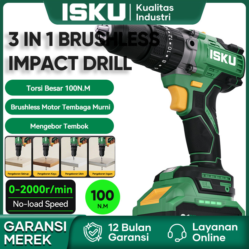 Isku 21v 3In1 Brushless Impact Cordless Drill Lithium 100N.M Torsi Besar Untuk Bor Beton & Sekrup