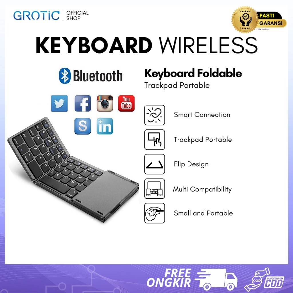 GROTIC Keyboard Bluetooth Portable Three Folding Magnetic With Touchpad
