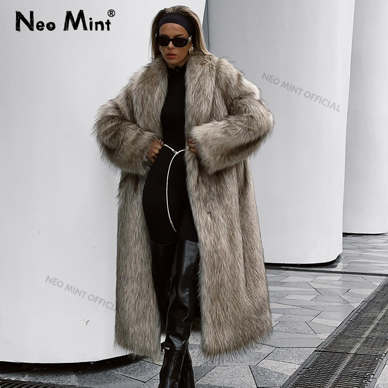 Neo Mint Luxury Mob Wife Aesthetic Long Faux Fur Coat Women Winter 2024 Fluffy Graent Fox Fur Jacket