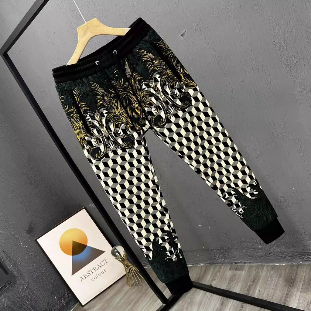 Celana kasual cetak tren pria, celana olahraga kaki lurus, celana olahraga kaki lurus, celana olahra