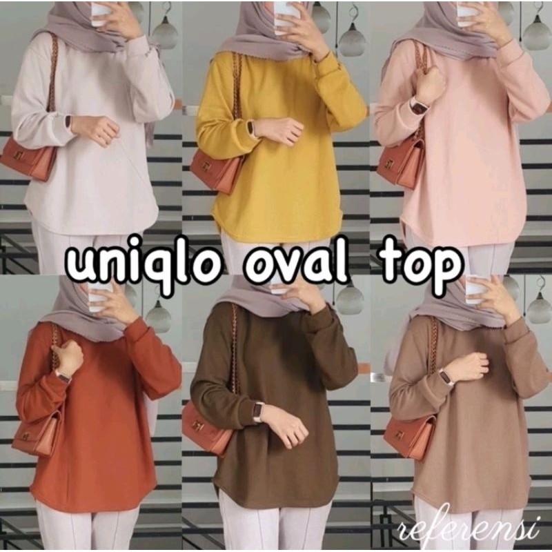 KAOS POLOS LENGAN PANJANG UNIQLO OVAL CREWNECK BAHAN RAJUT RIB / ATASAN WANITA BLOUSE SEMI TUNIK /KA