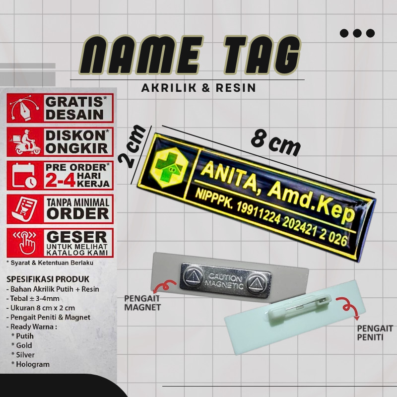 Name Tag Nama Dada Akrilik Magnet Peniti Gold Silver