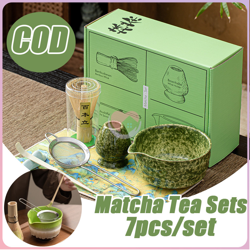 [COD] Set teh matcha keramik tujuh bagian, pengocok matcha bambu, alat pembuat matcha, mangkuk teh k