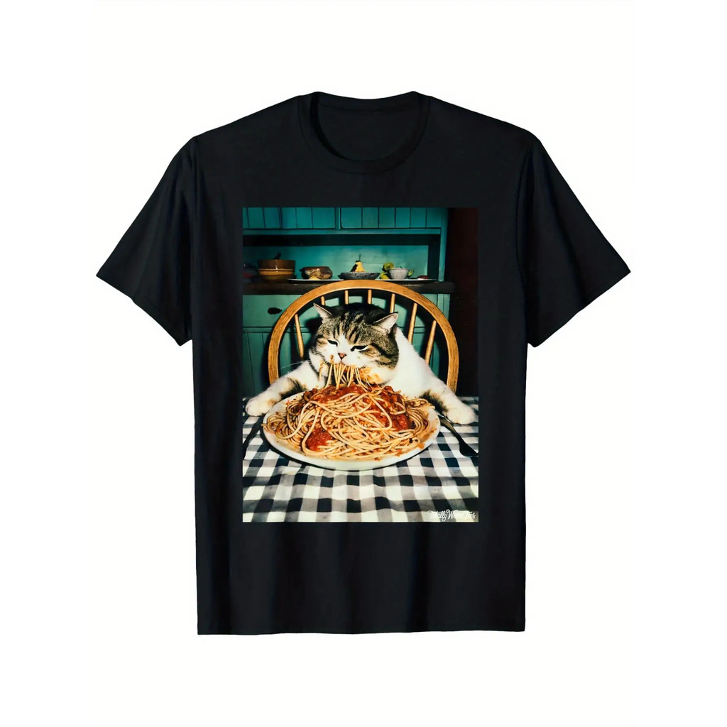 Kaos Grafis Kucing Spaghetti Lucu - Campuran Katun Unisex, Lengan Pendek Hitam Santai Leher Bulat, D