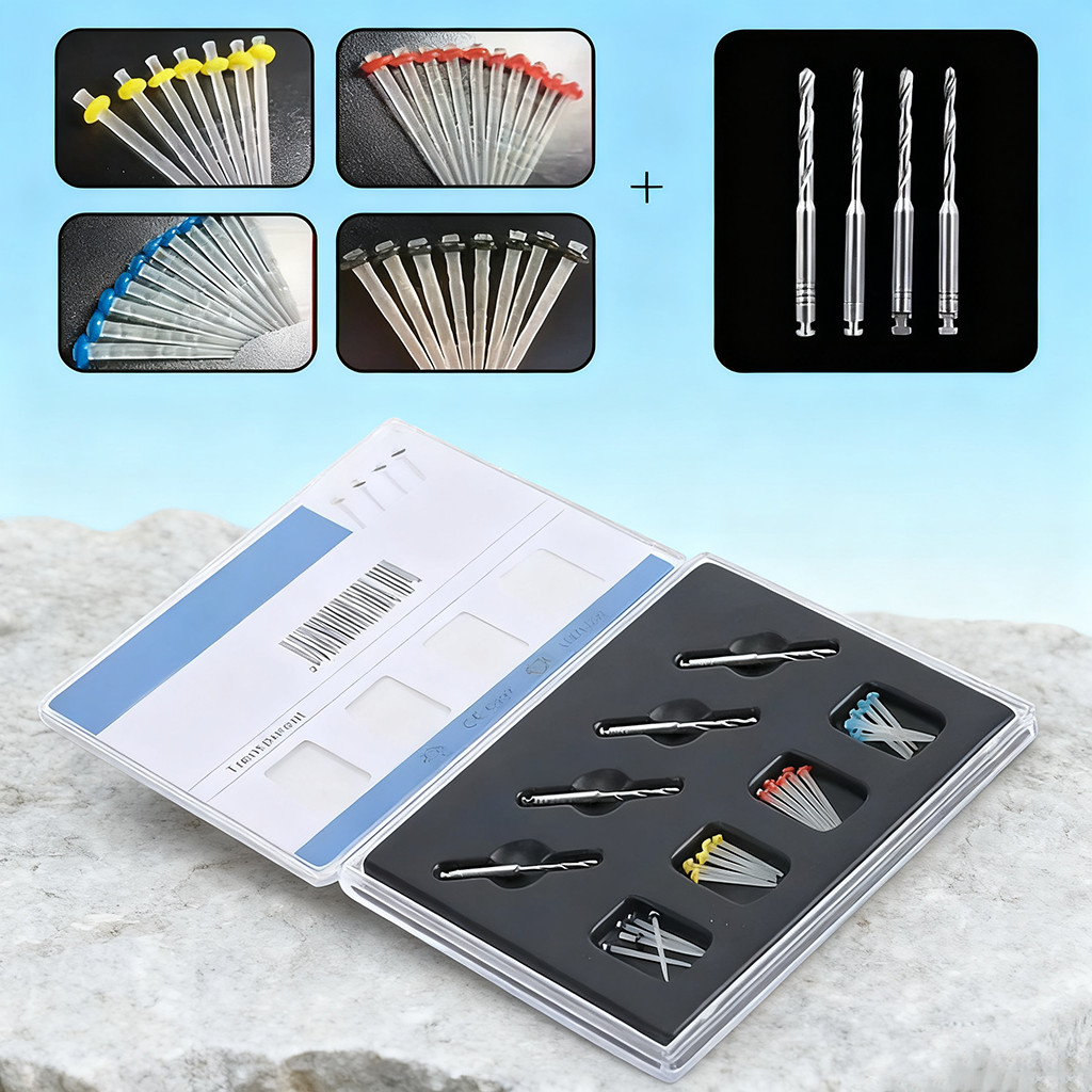 Dental Fibre Pile 20 Fiber Post + 4 Drills Dental Fiber Post Drill Screw Thread Quartz Kit Glass Res
