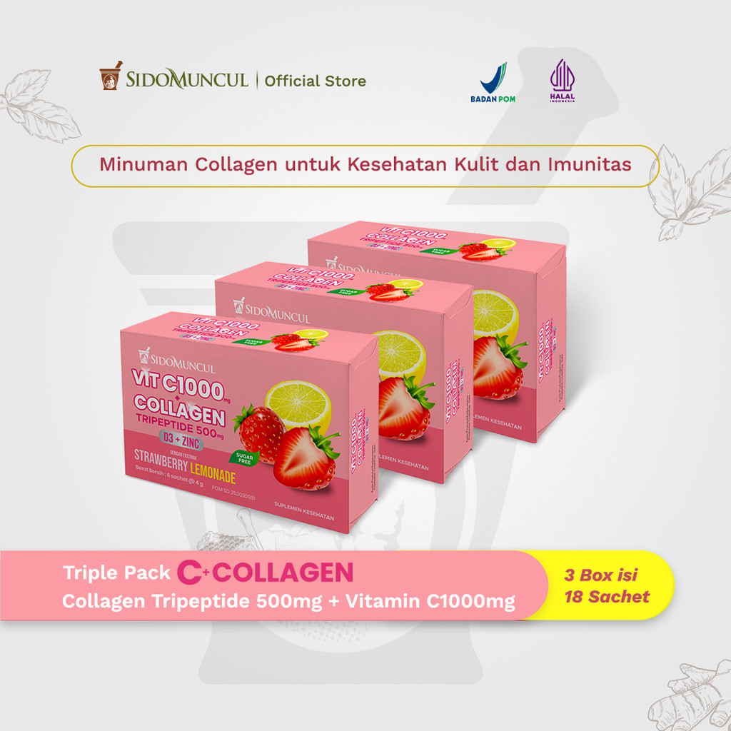 C+Collagen 3 Box Isi 18 Sachet - Minuman Collagen Tripeptide 500mg + Vit C 1000mg untuk Kesehatan Ku