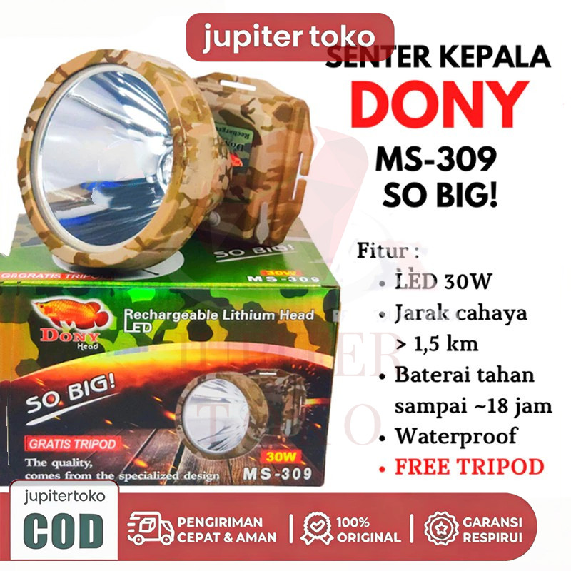 DONY  Senter Kepala Cas / MS 309 / SOBIG 30 W 30 WATT / QLED LED T6 / Super Terang / Murah Senter Ke
