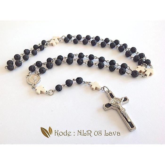 Kalung Rosario Batu Lava 6mm Salib Putih White Marble