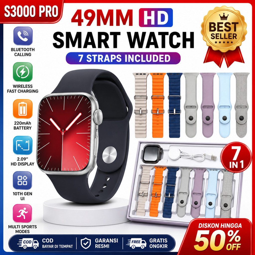 Smartwatch S3000 PRO 49MM Jam Tangan Pintar Layar 2.09 Inch Wireless Charging 7 Tali