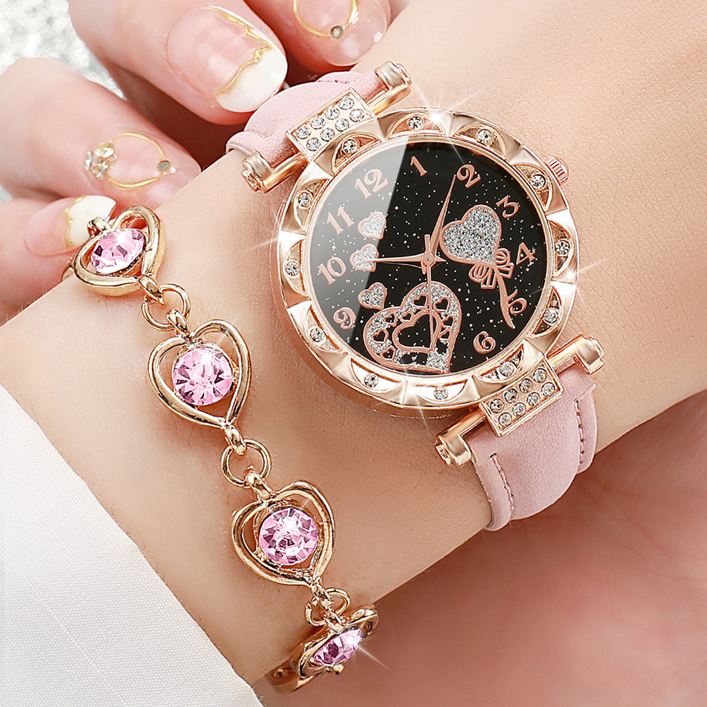 PROMO TERBARU 5PCS Jam Tangan Kuarsa Wanita Berlian Dial Cinta Tali Kulit Jam Tangan Fashion Set