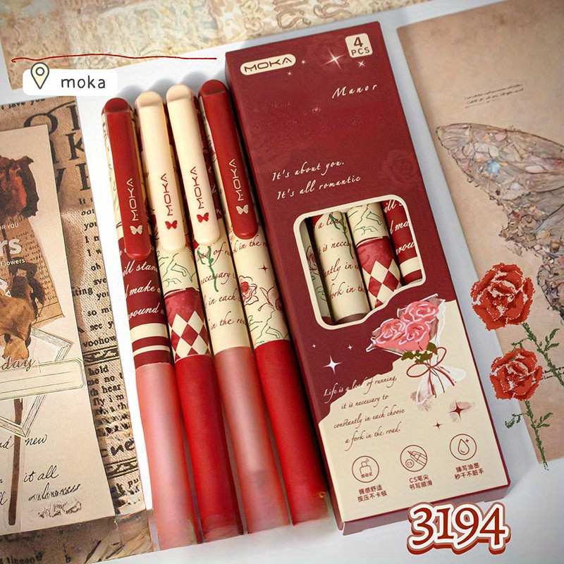 

4pcs Retro Floral Gel Pens, 0.5mm Fine Point Black Ink | Quick-Dry, Smooth Writing Retractable Pens for School, Office, Kawaii S