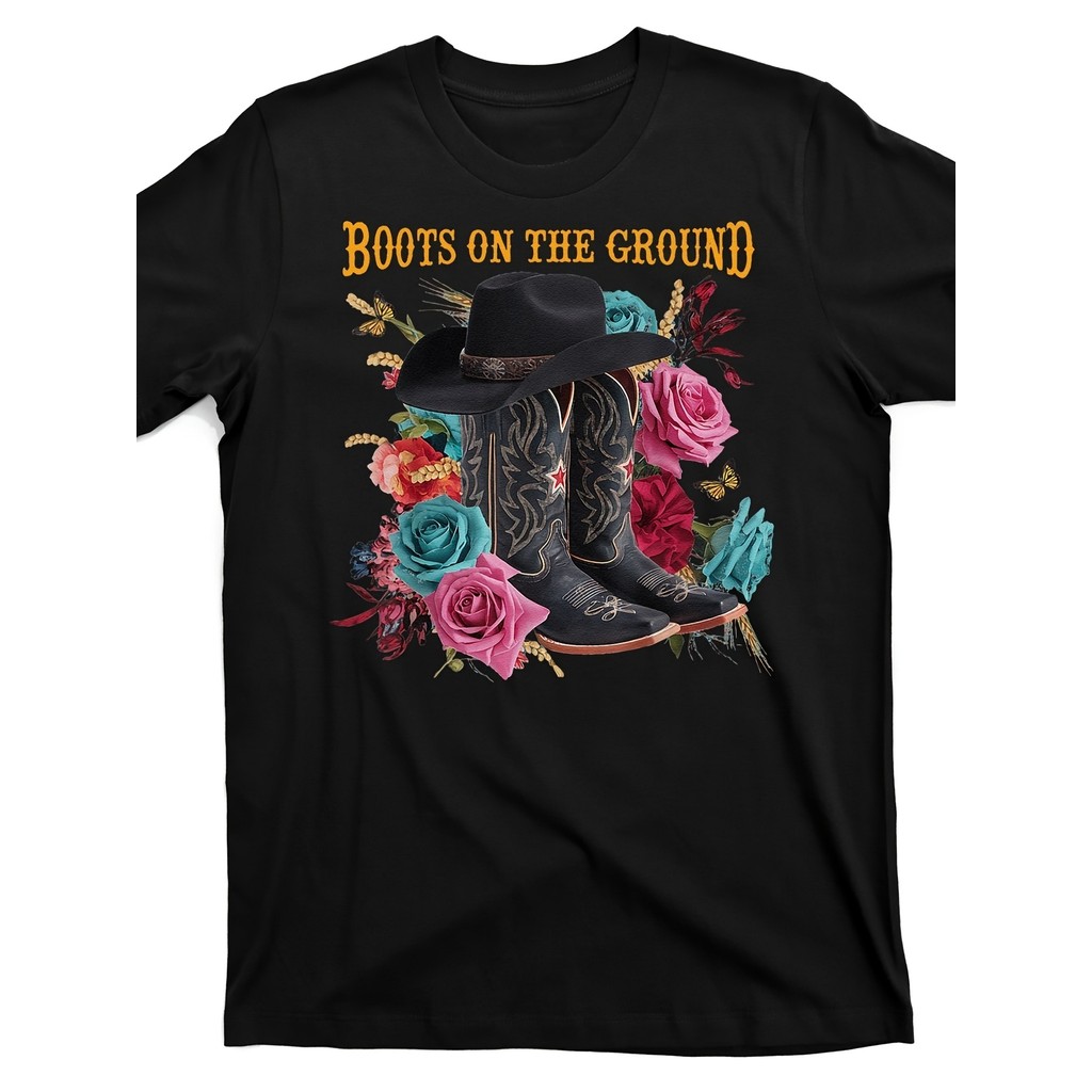 Kaos Wanita Western Koboi "Boots on the Ground" Boot Dansa Katun Nyaman Mudah Dicuci Hadiah