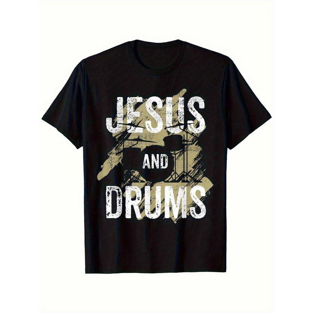Kaos Pria Yesus & Pemain Drum - Katun Tipis Longgar 100%, Salib & Musik, Kristen, Cocok untuk Drumme