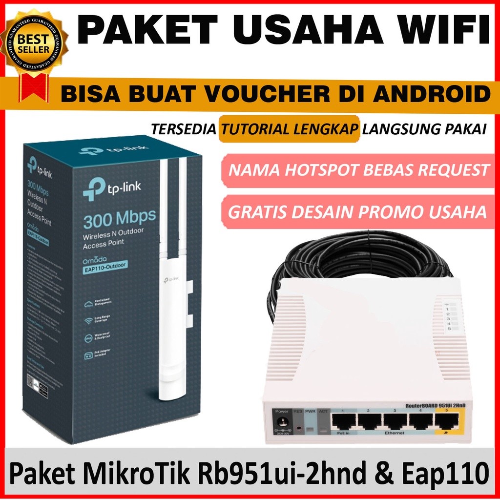 Paket Alat Usaha Wifi Sistem Voucher RT RW NET Siap Pakai - Mikrotik RB951UI-2Hnd+ Eap 110 Full sett