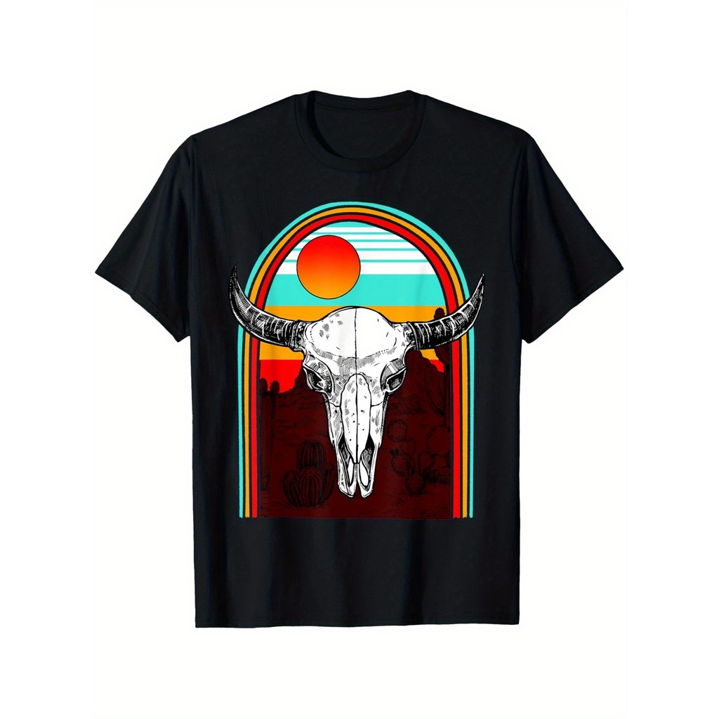 Kaos Tengkorak Kepala Banteng Hippie Aztec Pecinta Banteng Hadiah Hewan Ternak Sapi F Pria - Katun 1