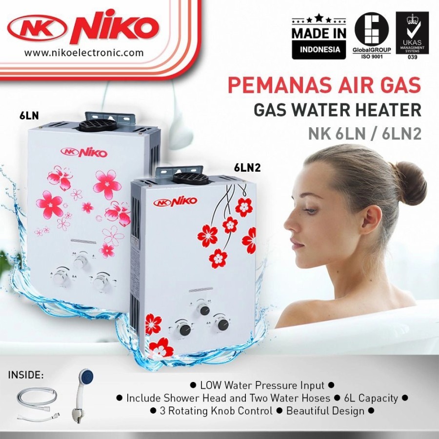TERLARISWATER HEATER PEMANAS KAMAR MANDI GAS NIKO 6 LN/LN2 PEMANAS AIR KAMAR MANDI PLUS SHOWER KOMPL