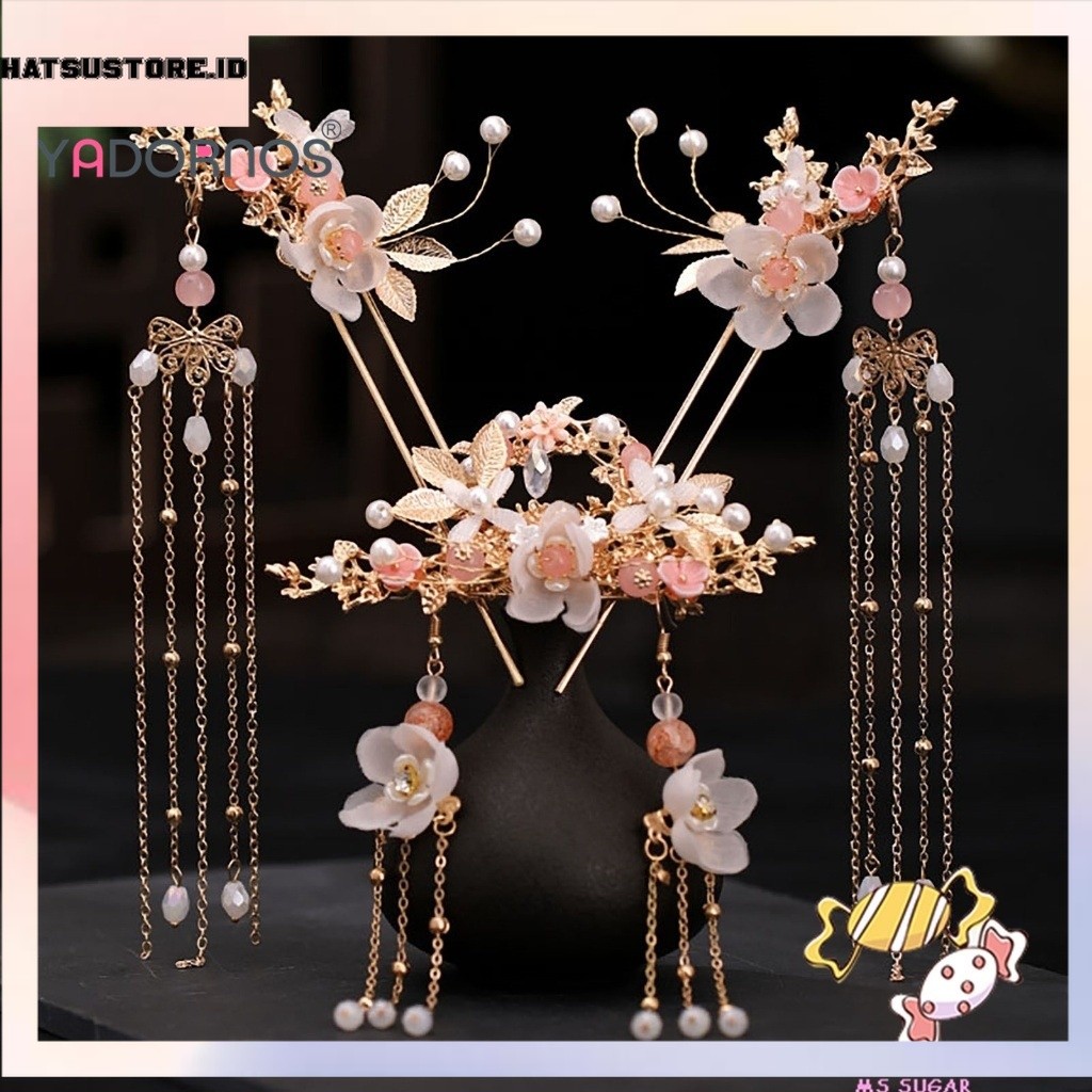YADORNOS Set Hiasan Kepala Bunga Antik Rumbai Anting Stik Rambut Jepit Rambut Aksesori DIY untuk Had