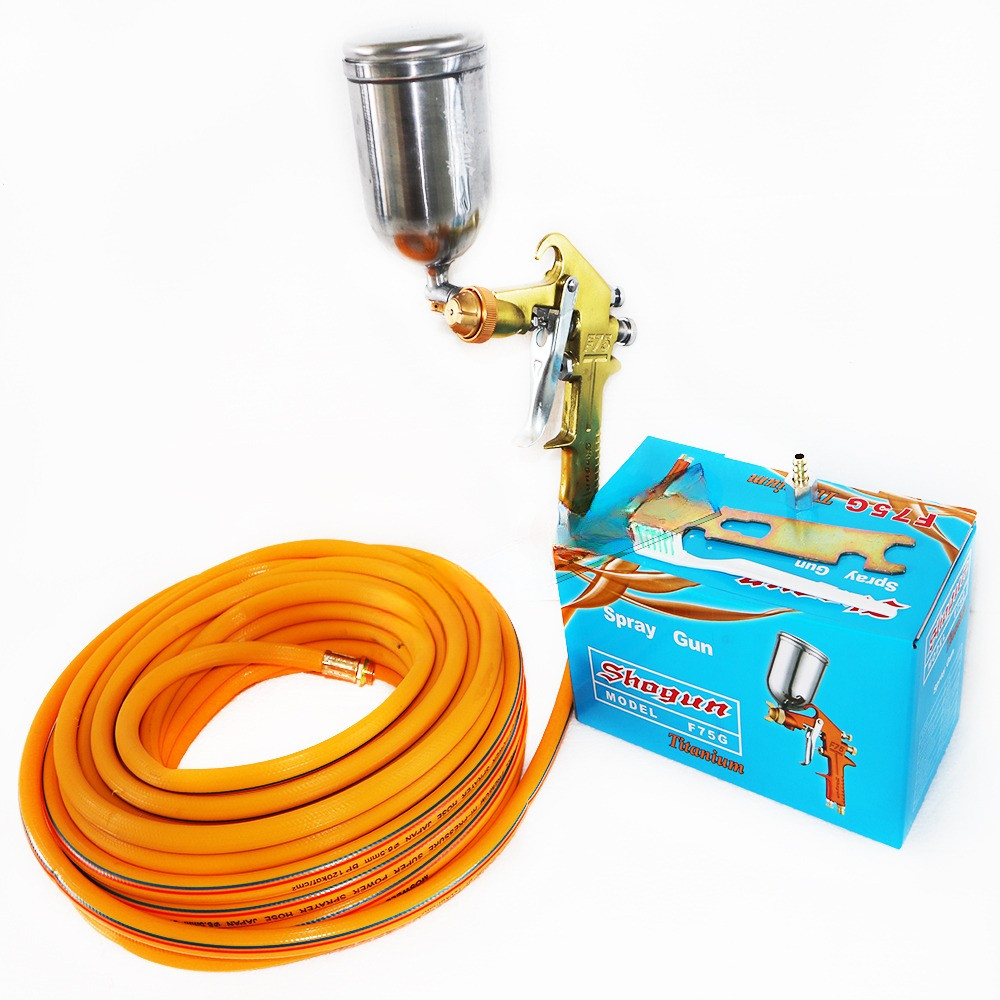 Paket Alat Semprot Cat Angin Spray Gun Spet F75 H&L Tabung Atas 400cc Dan IWA Selang Kompresor 10 Me