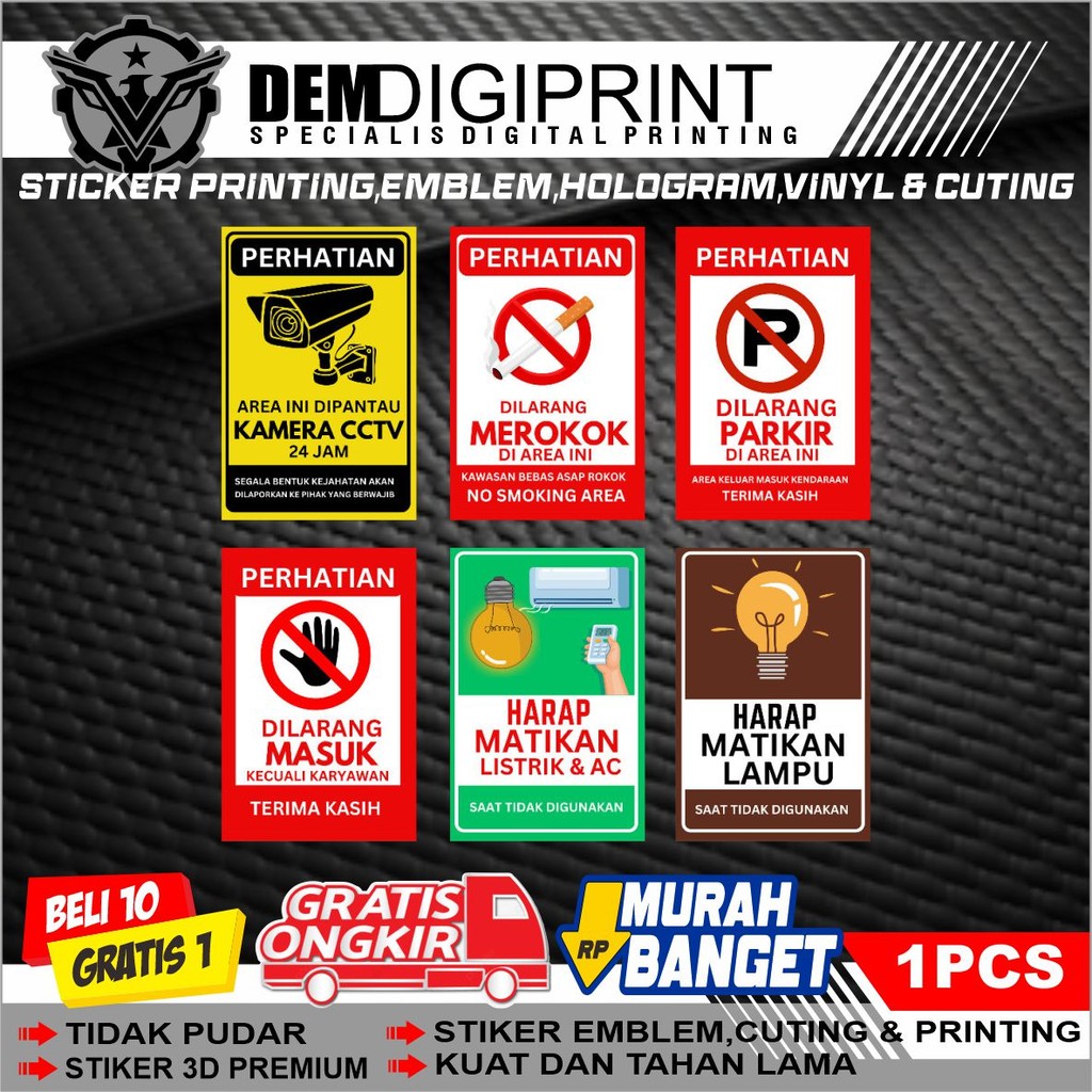 stiker vinyl sign cctv, no smoking, dilarang masuk, matikan lampu