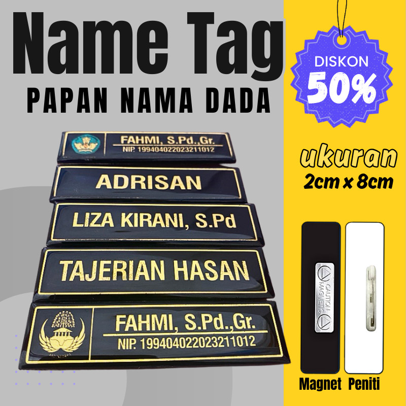 Name Tag Nama Dada Akrilik Magnet Peniti Gold Silver