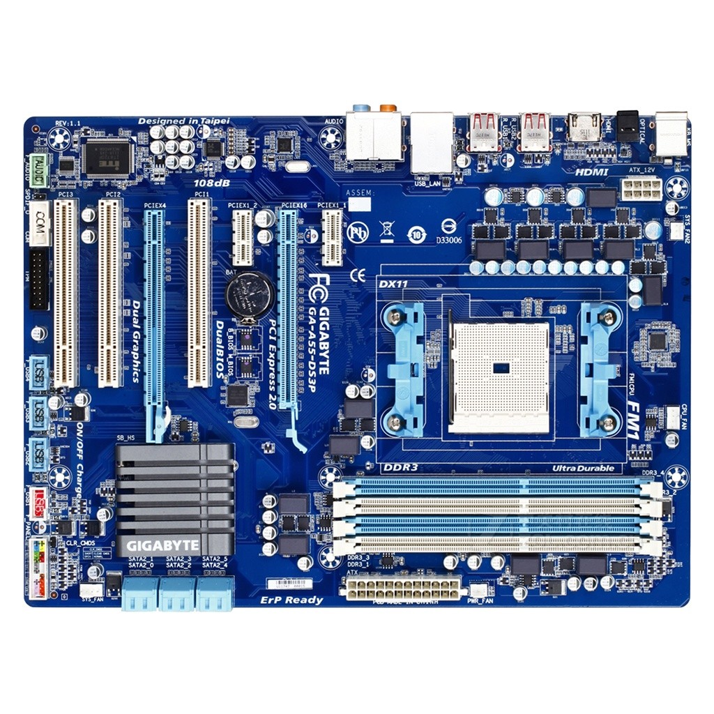 GIGABYTE GA-A55-DS3P Motherboard AMD A55 Socket FM1 4×DDR3 MM 64GB ATX support  A8-3800 A4-3300 A6-3