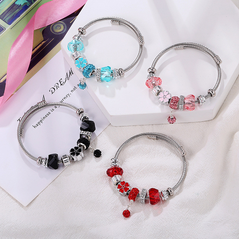 Gelang baja titanium, gelang daisy kecil, liontin bola sub-isyarat, gelang terbuka manik-manik berla