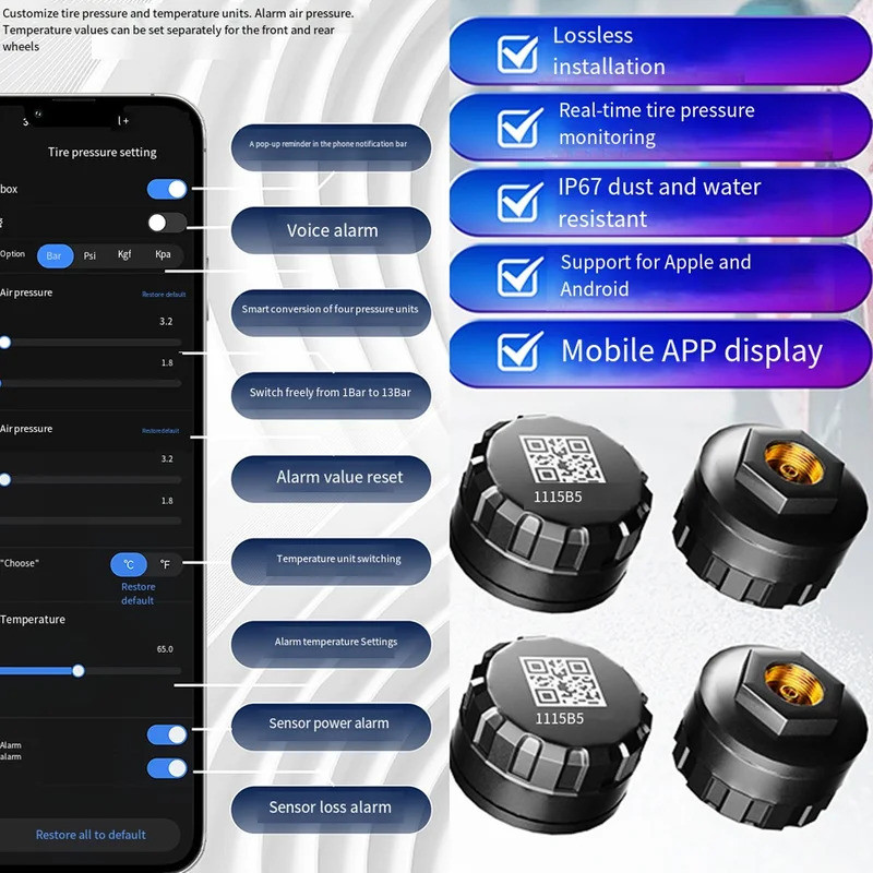 Sistem Pemantauan Tekanan Ban Truk RV, Sistem Pemantauan Tekanan Ban Mobil (TPMS) 6 Sensor Bluetooth