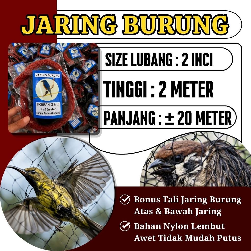 Jaring Burung Warna Hitam Bonus Tali Lebar 2 Meter x ±20 Meter Lubang Kecil 1 Jari 2" Benang Senar 0
