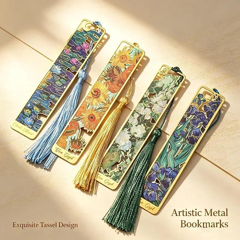 Van Gogh Monet Oil Painting Metal Bookmark Hollow Art Book Mark With Tassel, Vintage Reang Accessori