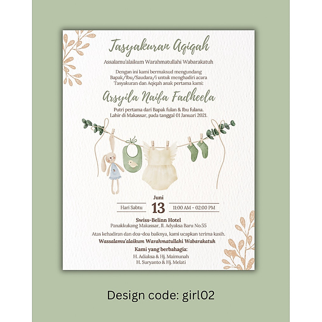 Undangan Aqiqah (digital/ soft file) code:girl02