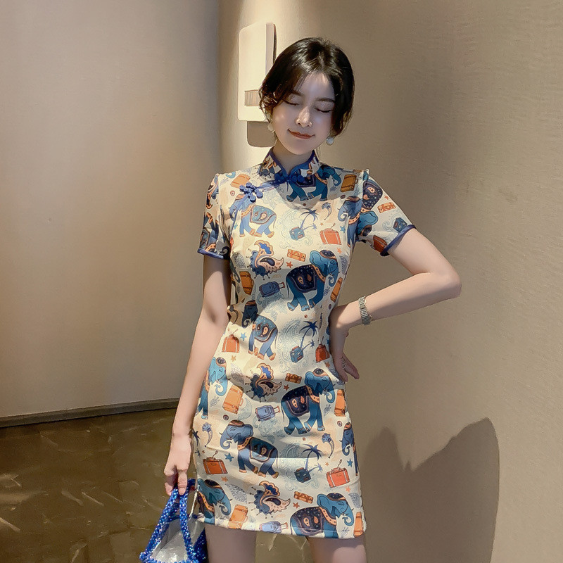 20259 Musim Panas Retro Gadis Pendek Cheongsam Dress 1991