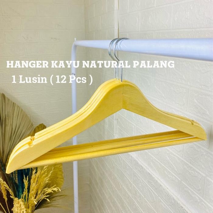 

12 PCS ( 1 LUSIN ) HANGER KAYU BAJU DEWASA PLUS PALANG WARNA NATURAL