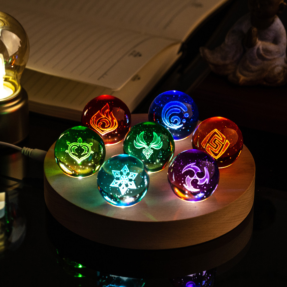 Genshin Impact Crystal Ball Figure Night Light With Base Seven Elements Ball 3D Model Toy Game Cospl