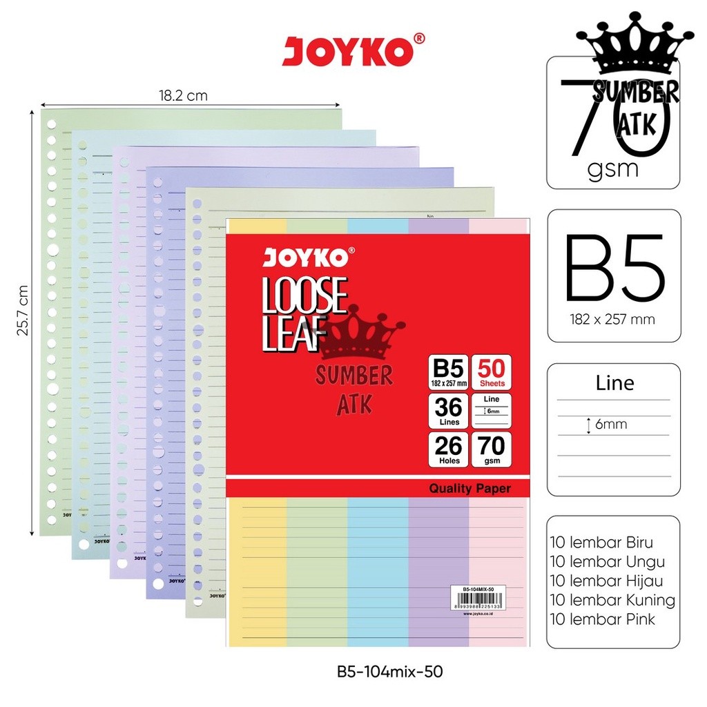 

TERLARIS Loose Leaf Color Isi Kertas File Binder Warna Joyko B5 50 lembar B5-102CO-50