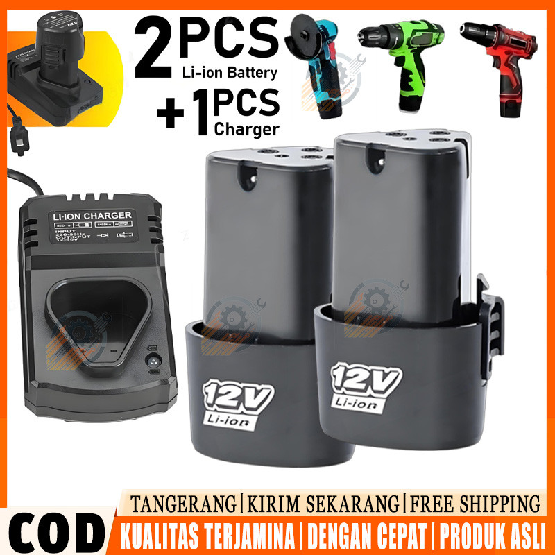 [Kirim Cepat] 2PCS Baterai Bor Cordless 12V Li-Ion Rechargeable + Charger Bor Listrik Obeng Elektrik